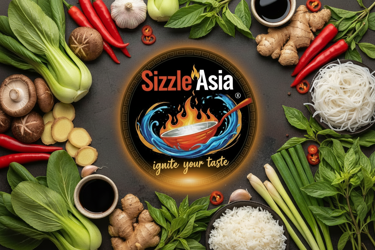 Sizzle Asia banner with rice and noodles